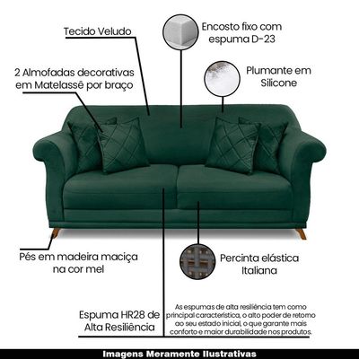 Sofá Decorativo 180cm 2 Lugares com 4 Almofadas Armstrong Veludo Verde Floresta - Gran Belo