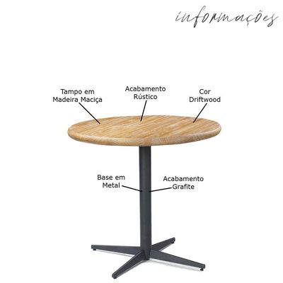 Mesa Sala de Jantar Cozinha Shery Redonda 70cm Grafite Madeira Maciça Driftwood - Gran Belo