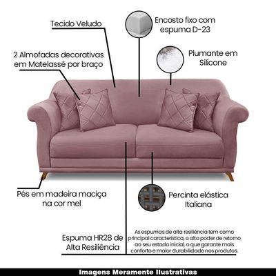 Sofá Decorativo 220cm 3 Lugares com 4 Almofadas Armstrong Veludo Lilás - Gran Belo