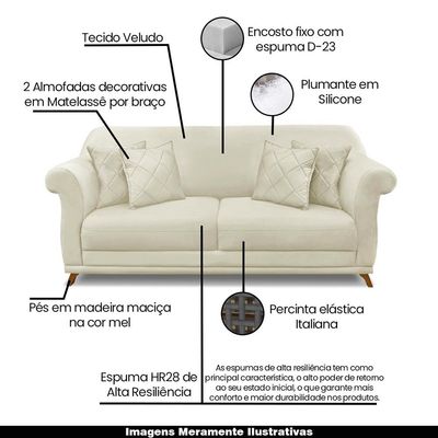 Sofá Decorativo 180cm 2 Lugares com 4 Almofadas Armstrong Veludo Bege - Gran Belo