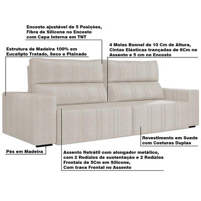 Sofá Retrátil 214 cm Sala de Estar Leonel Suede Bege - Gran Belo
