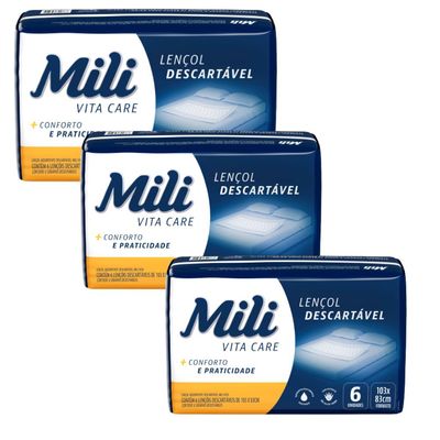 Lençol Descartável Absorvente Mili Vita p/adulto 3 pacotes c/ 6 lençóis  Total 18 lençóis