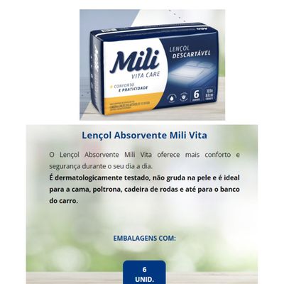 Lençol Descartável Absorvente Mili Vita Care p/adulto 5 pacotes c/ 6 lençóis  Total 30 lençóis