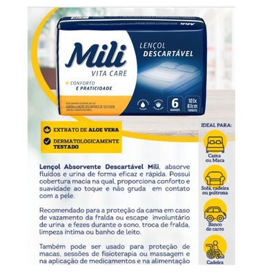 Lençol Descartável Absorvente Mili Vita Care p/adulto 5 pacotes c/ 6 lençóis  Total 30 lençóis