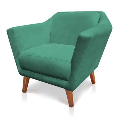 Poltrona Decorativa Lorena Suede Pés Castanho Azul Turquesa