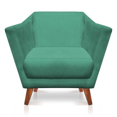 Poltrona Decorativa Lorena Suede Pés Castanho Azul Turquesa