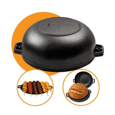 Panela Multiuso 4 em 1 - Assadeira para Pão e Churrasco, Chapa Dupla Face de Ferro Fundido Santana