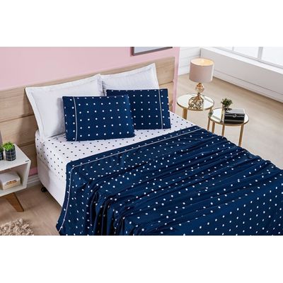 Jogo de Cama Lençol 200 Fios Petit Poá Queen 04 Peças - Marinho