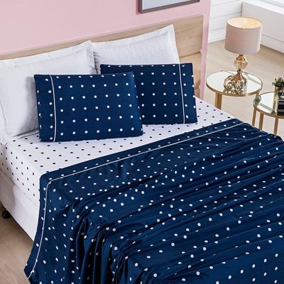 Jogo de Cama Lençol 200 Fios Petit Poá Queen 04 Peças - Marinho