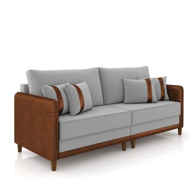 Sofá 3 Lugares Living 212cm Pé Madeira Valença Marrom/Veludo K01 - D'Rossi Cinza