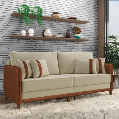 Sofá 3 Lugares Living 212cm Pé Madeira Valença Marrom/Veludo K01 - D'Rossi Cinza