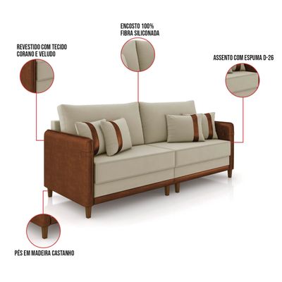 Sofá 3 Lugares Living 212cm Pé Madeira Valença Marrom/Veludo K01 - D'Rossi Cinza