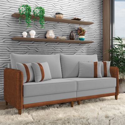 Sofá 3 Lugares Living 212cm Pé Madeira Valença Marrom/Veludo K01 - D'Rossi Cinza