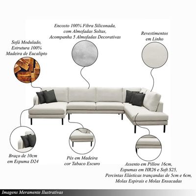 Sofá Decorativo Sala de Estar Osaka 340cm Modulado em U com Almofadas Linho Off White