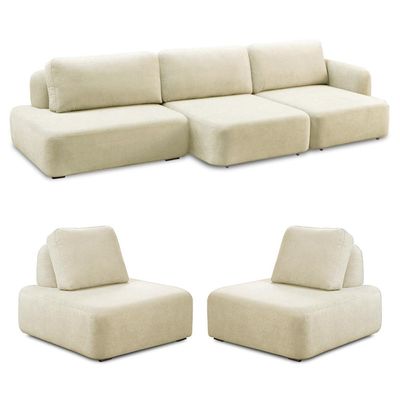 Conjunto Sala de Estar 1 Sofá Retrátil Modulado 372cm e 2 Poltronas Santiago Bouclê Off White G89 - Gran Belo