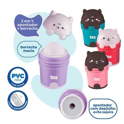 Apontador Duplo Com Borracha Kitty Gato Tris Verde