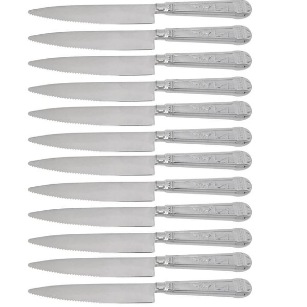 Jogo 12 Facas Mesa Churrasco 24cm Prateada Aço Inox Serrilhada Carne