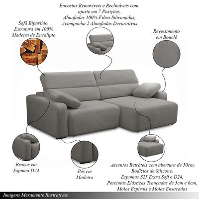 Sofá Decorativo Sala de Estar Ícaro 3 Lugares 260cm Reclinável e Retrátil Bouclê Cinza