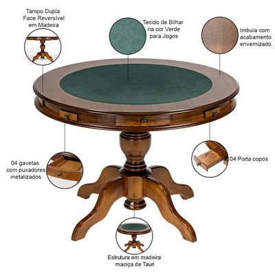 Mesa de Jogos Redonda Tampo Reversível Gavetas e Porta Copos 140cm New Orleans M04 Imbuia - Lyam Decor