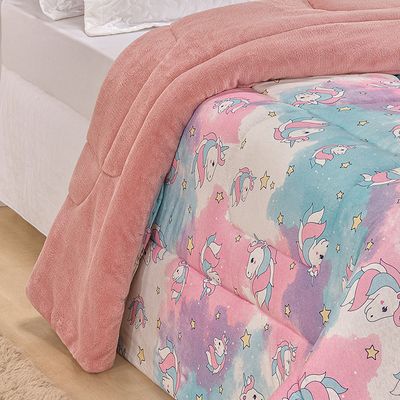 Edredom Diverkids Solteiro Infantil Malha Estampada 1 Peça - Unicórnio Rosa