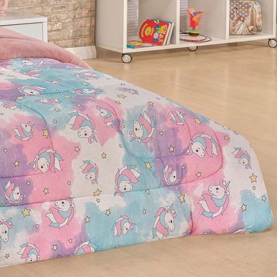 Edredom Diverkids Solteiro Infantil Malha Estampada 1 Peça - Unicórnio Rosa