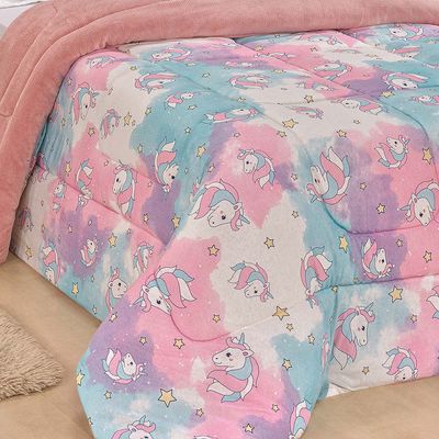 Edredom Diverkids Solteiro Infantil Malha Estampada 1 Peça - Unicórnio Rosa