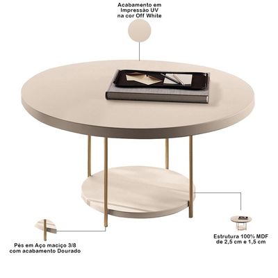 Mesa de Centro Para Sala Redonda Tampo MDF Pés Aço Allure B01 Off White - Lyam Decor