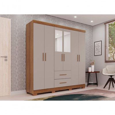 Guarda-roupa Casal 6 Portas 2 Gavetas Com Espelho Estrela Premium Salleto Cinamomo/off White