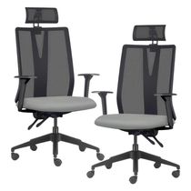 Kit 2 Cadeiras Escritório Giratória Presidente Flow F02 Base Preta Sintético Cinza - Lyam Decor