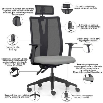Kit 2 Cadeiras Escritório Giratória Presidente Flow F02 Base Preta Sintético Cinza - Lyam Decor