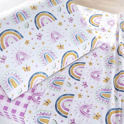 Jogo de Cama Lençol Lutti Solteiro Infantil 200 Fios Estampado 3 Peças Arco íris Rainbow Rosa