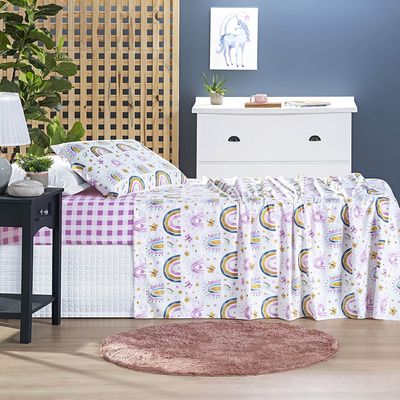 Jogo de Cama Lençol Lutti Solteiro Infantil 200 Fios Estampado 3 Peças Arco íris Rainbow Rosa