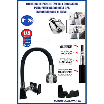 Torneira De Parede Metal Com Saída Para Purificador Bica 3/4 Emborrachada Flexível