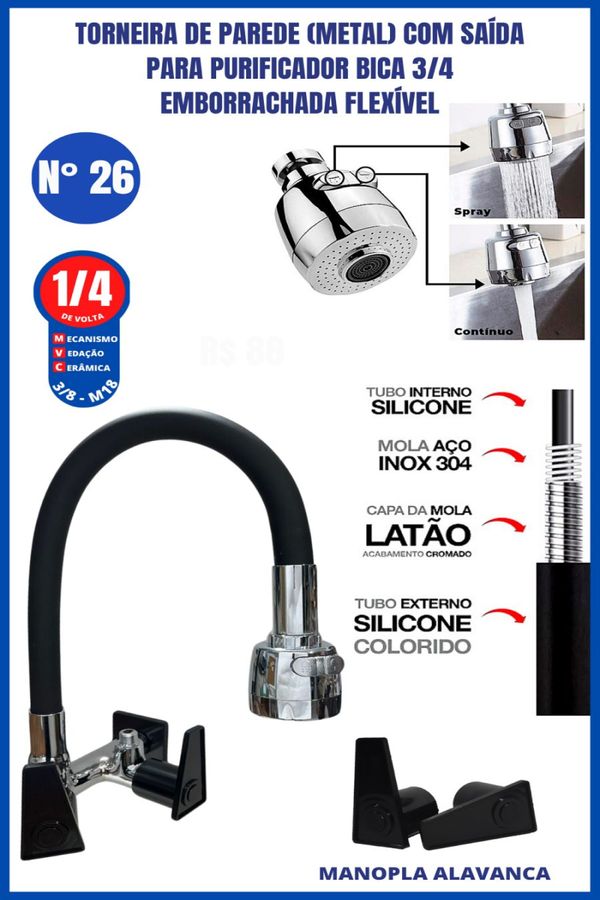 Torneira De Parede Metal Com Saída Para Purificador Bica 3/4 Emborrachada Flexível
