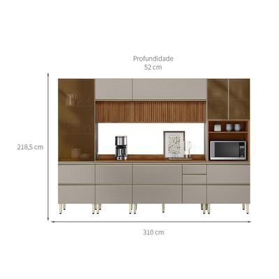 Armário de Cozinha Compacta com 3 Vidros Reflecta Proença Ripado 9 Portas 11 Gavetas Nude e Nogueira