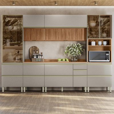 Armário de Cozinha Compacta com 3 Vidros Reflecta Proença Ripado 9 Portas 11 Gavetas Nude e Nogueira