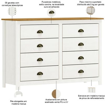 Cômoda Para Quarto Closet 8 Gavetas Madeira Maciça Mazzaro F06 Branco Freijó - Lyam Decor