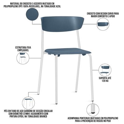 Kit 02 Cadeiras Empilhável Fixa Atom F02 Base Aço Branco Azul - Lyam Decor