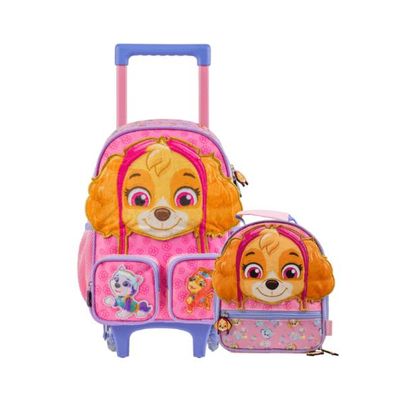 Kit Mochila de Rodinha e Lancheira Térmica Infantil Feminina Patrulha Canina Skye Baby Rosa Clara