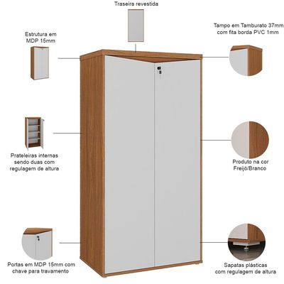 Armário Para Escritório 160cm 02 Portas com Chave Unik A02 Freijó Branco - Lyam Decor