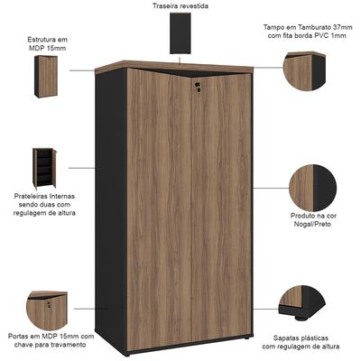 Armário Para Escritório 160cm 02 Portas com Chave Unik A02 Nogal Preto - Lyam Decor
