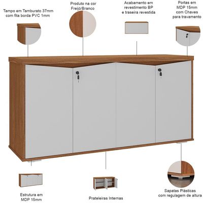 Balcão Para Escritório 04 Portas 160cm com Chaves Unik A02 Freijó Branco - Lyam Decor