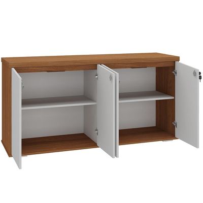 Balcão Para Escritório 04 Portas 160cm com Chaves Unik A02 Freijó Branco - Lyam Decor