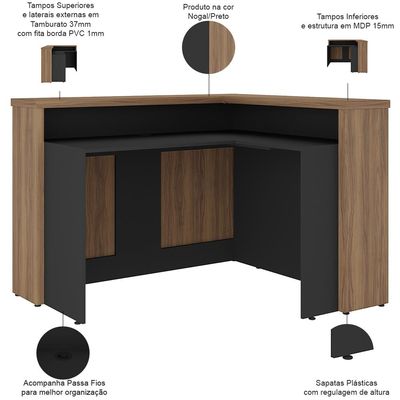 Balcão de Atendimento Para Recepção em L Unik A02 Nogal Preto - Lyam Decor