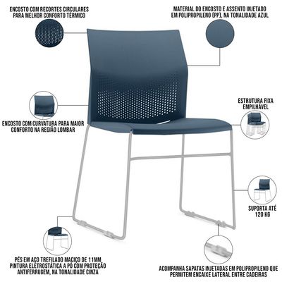 Kit 02 Cadeiras Empilhável Fixa Link F02 Base Aço Cinza Azul - Lyam Decor