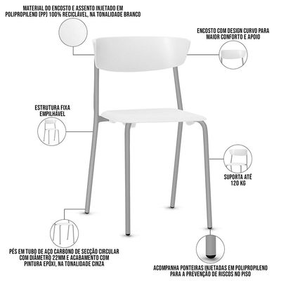Kit 02 Cadeiras Empilhável Fixa Atom F02 Base Aço Cinza Branco - Lyam Decor