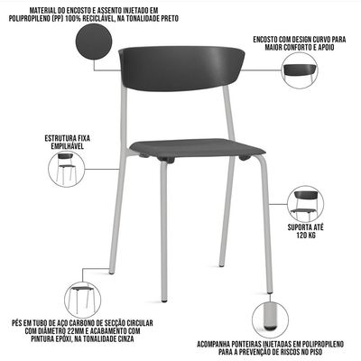 Kit 02 Cadeiras Empilhável Fixa Atom F02 Base Aço Cinza Preto - Lyam Decor