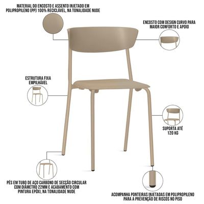 Cadeira Empilhável Fixa Atom F02 Base Aço Nude - Lyam Decor