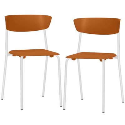 Kit 02 Cadeiras Empilhável Fixa Atom F02 Base Aço Branco Laranja - Lyam Decor