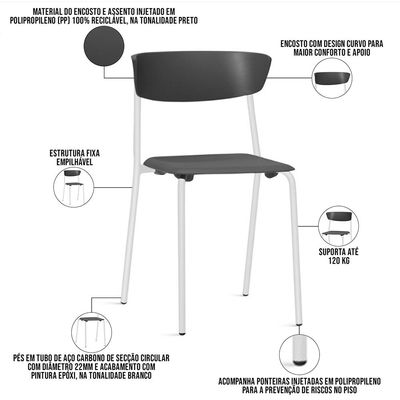 Kit 02 Cadeiras Empilhável Fixa Atom F02 Base Aço Branco Preto - Lyam Decor
